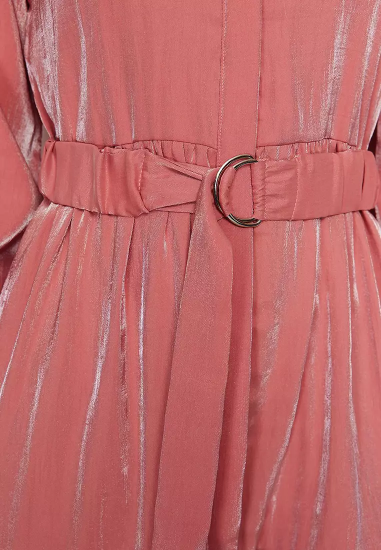 Pale Pink Shiny Satin Belt Detailed Skirt Frilly Woven Dress TCTSS24EB00169