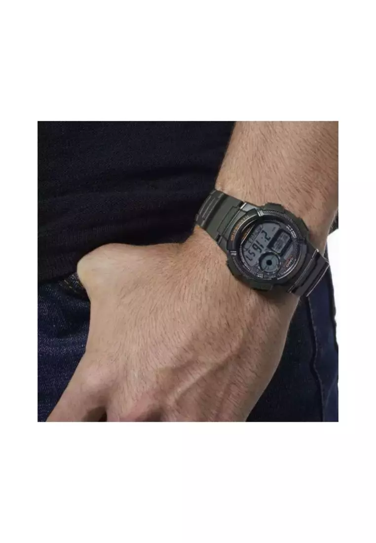 Men's Digital Watch AE-1000W-3AV Army Green Resin Band Watch for Men