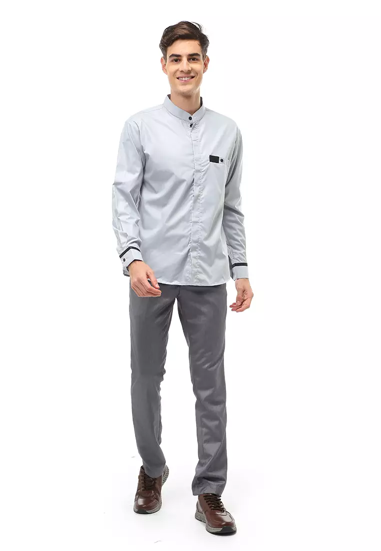 Dwan Atasan Formal Pria Kemeja Koko Simple Motive Long Sleeve Material Cotton ORIGINAL -  Gray
