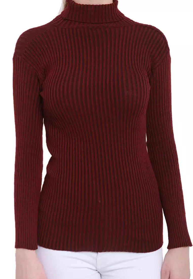 Misel Sweater Rajut Turtle Neck Long Sleeves Atasan Ribbed Wanita - Maroon