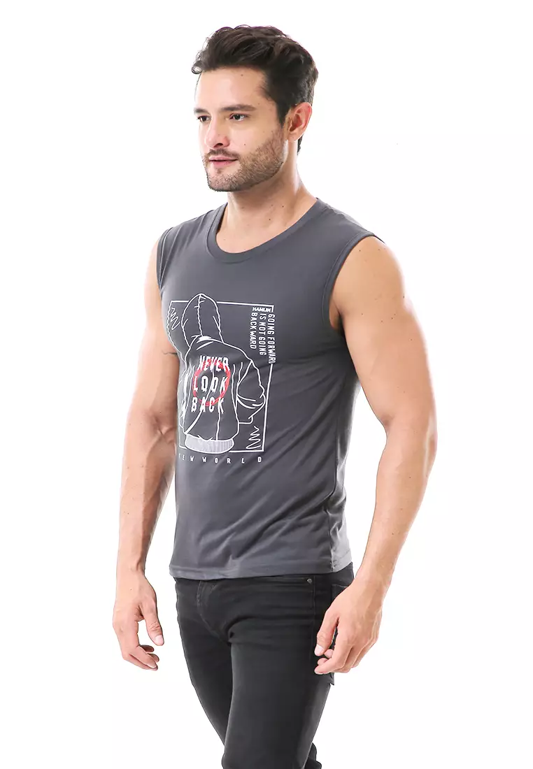 Bobby Atasan Kasual Pria Singlet Motif Never Look Back Sleeveless Tshirt Material Cotton ORIGINAL - Gray