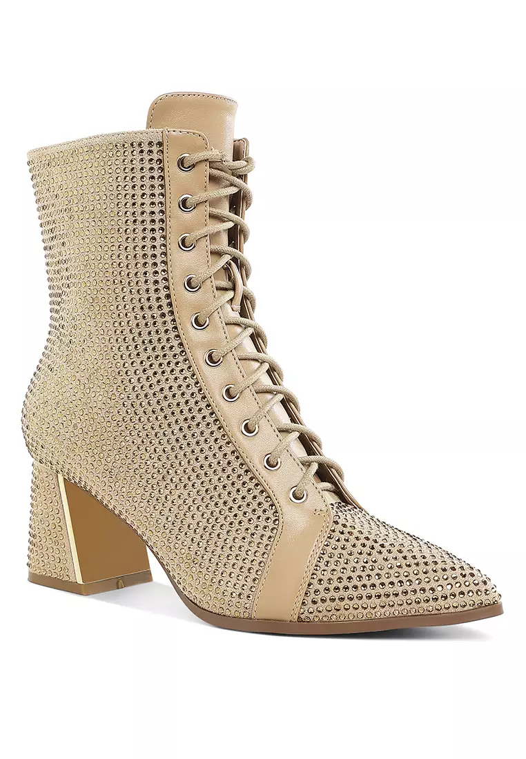 Rhinestone Embellished Ankle Boots In Beige