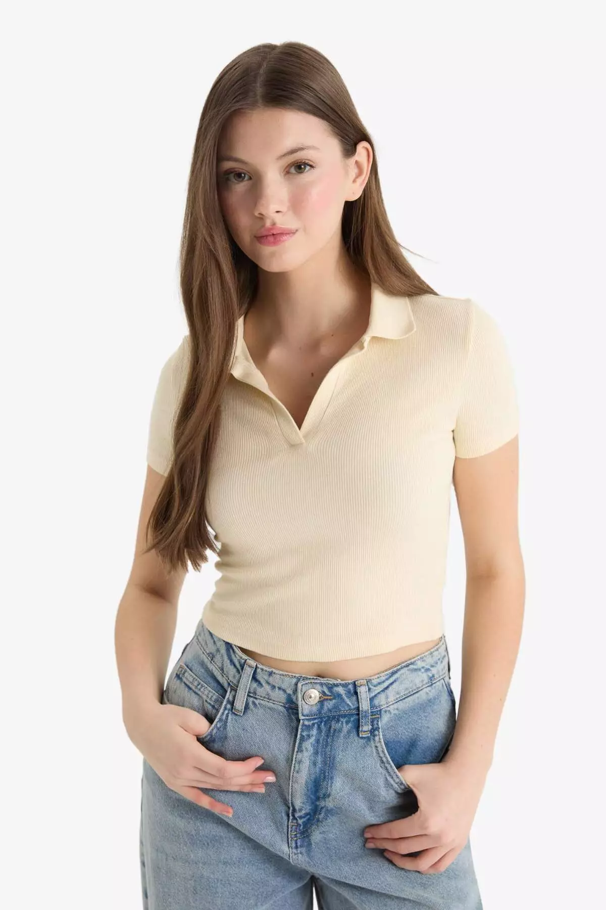 Fitted Polo Neck Basic Plain Ribbed Camisole Short Sleeve T-Shirt A0379Ax25Sm