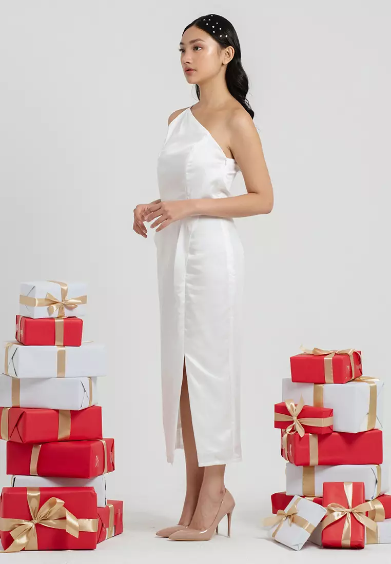 Pleated Waist One Shoulder Dress in White