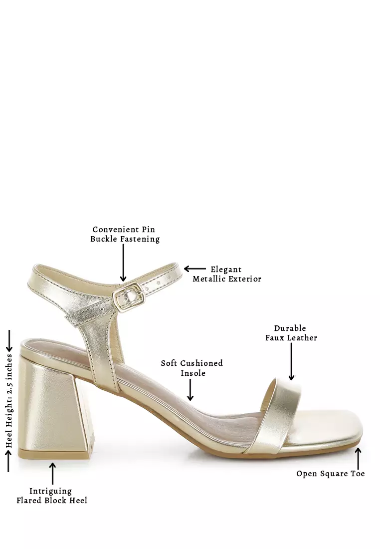 Metallic Faux Leather Block Heels In Gold