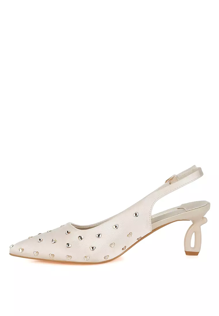 Heart-Shaped Rhinestone Studded Slingbacks in Beige