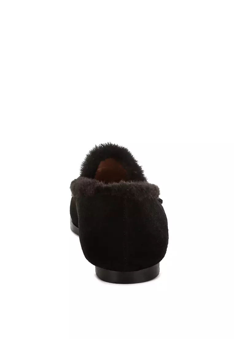 Suede & Faux Fur Flat Loafers In Black