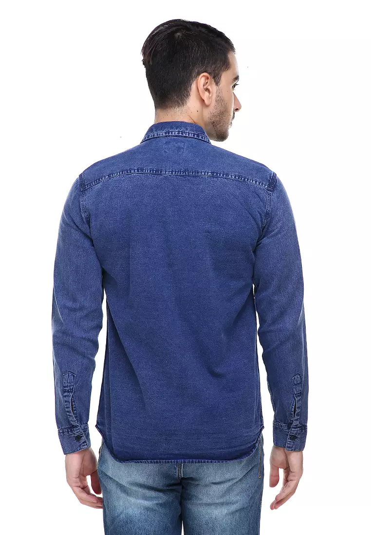 Dwan Casual Shirt Baju Kemeja Jeans Pria Lengan Panjang Material Denim ORIGINAL - Navy