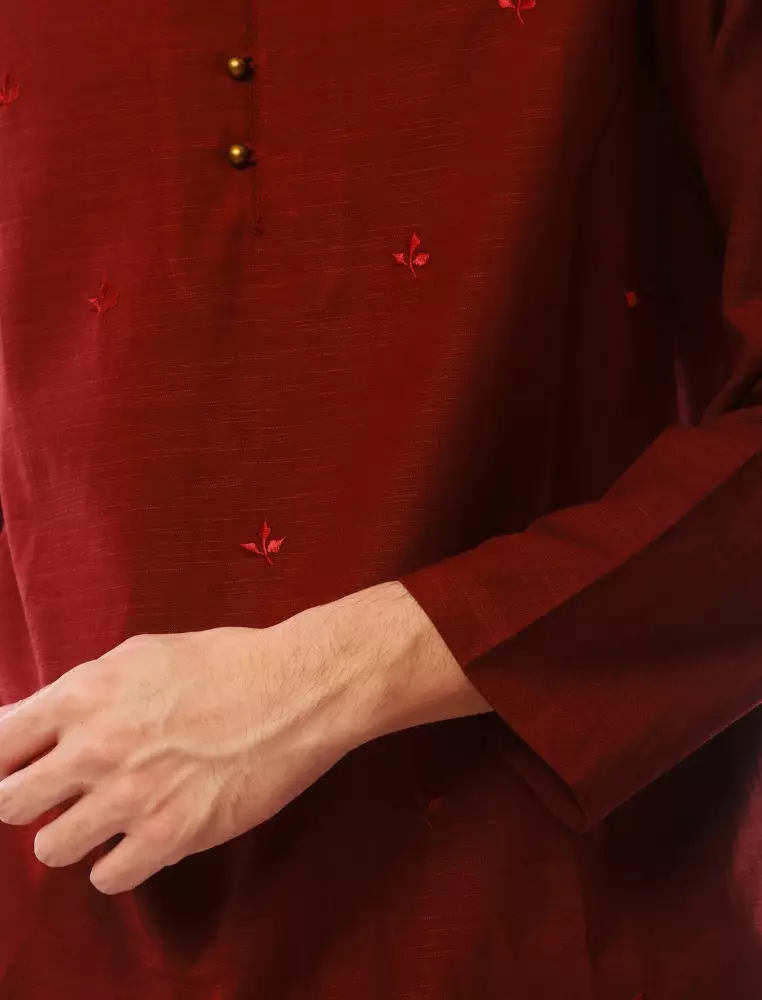 East India Company - Mahfuz Men Regular Fit Long Sleeve embraided Shirt Maroon Embroidered Shirt Maroon