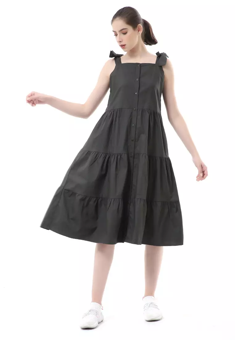 Rachel Dress Ruffle Wanita Tanpa Lengan Full Kancing Stylish Material Cotton ORIGINAL - Dark Green