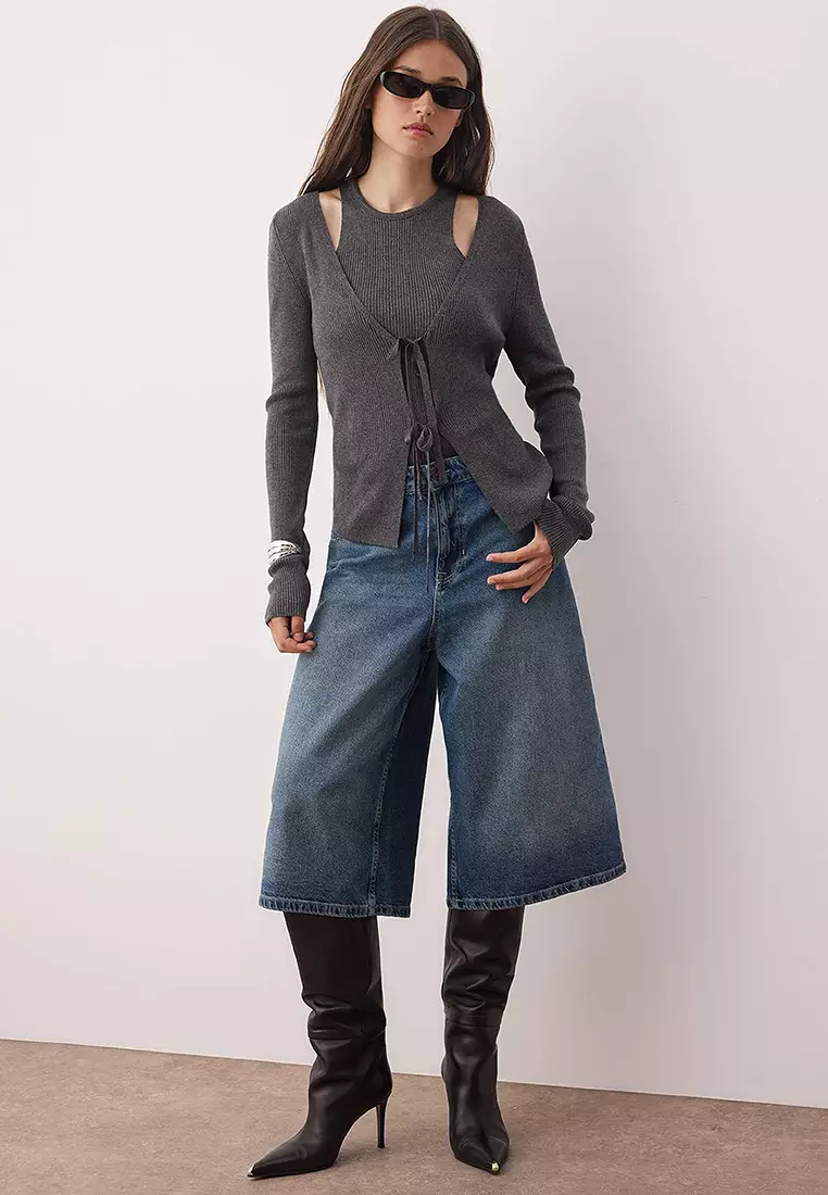 V-Neck Mercerized Cardigan and Knit Top Set