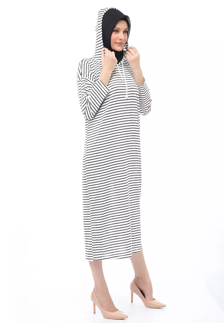 Mega Tunik Motif Stripe Atasan Wanita Long Sleeve Regular Fit - Putih K