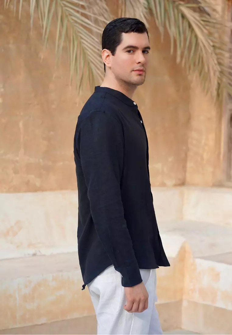 Black Sea Kemeja Linen Lengan Panjang Pria Hitam | Linen Long Sleeve Shirt Men Black