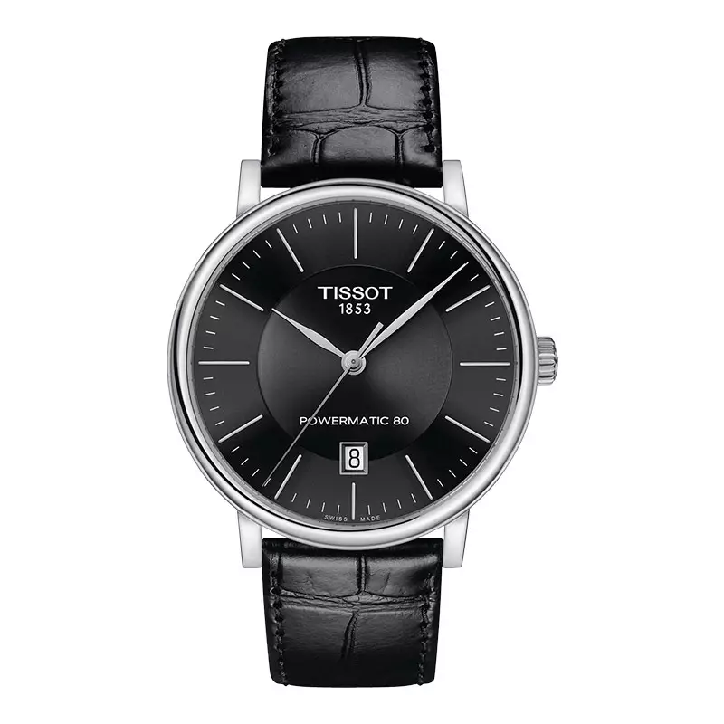 Jam Tangan Pria Tissot T Classic T122.407.16.051.00 Carson Premium Powematic 80 Black Dial Black Leather Strap