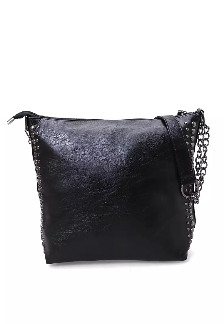 Laura Tas Kerja Wanita Motif Polos Tote Bag Large Compartment Material Leather ORIGINAL - Black
