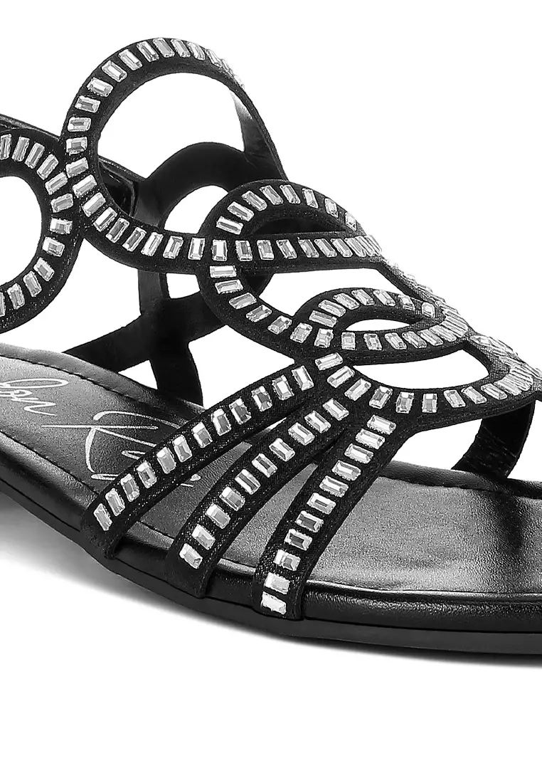 Cut Out Detail Rhinestone Flat Sandals in Black