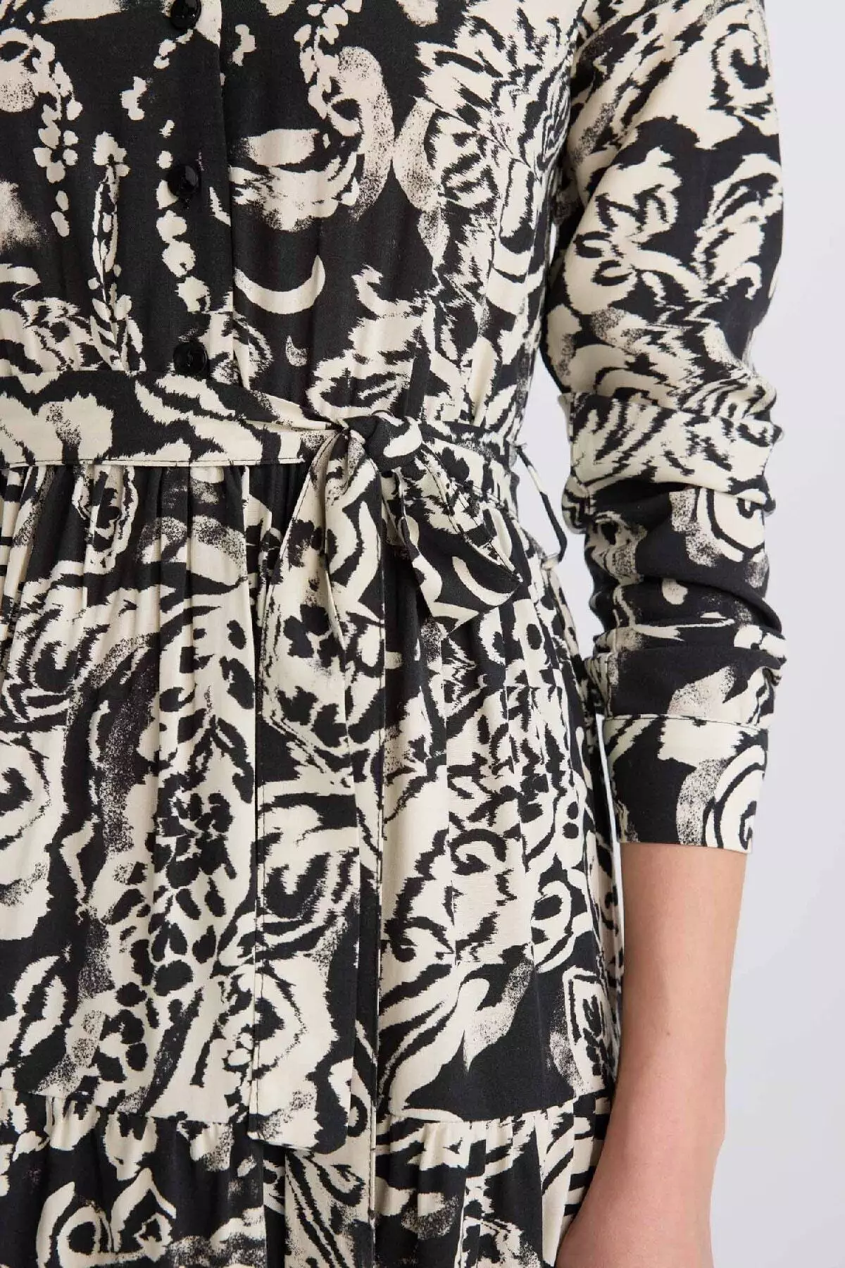 Shirt Collar Print Long Sleeve Midi Dress