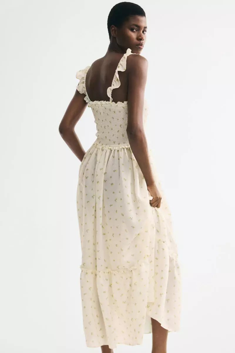 Frill-trimmed smocked-bodice dress