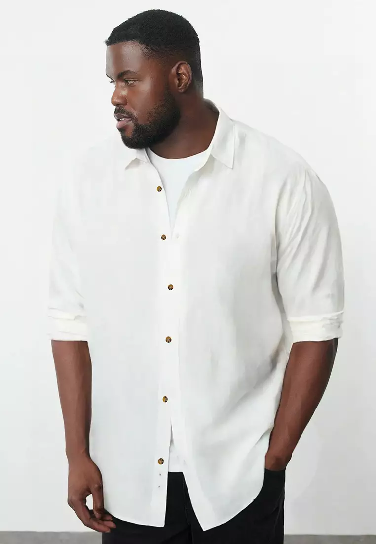 White Regular Fit Epaulette Wrinkled Effect Linen Look Plus Size Shirt TMNSS25AX00002
