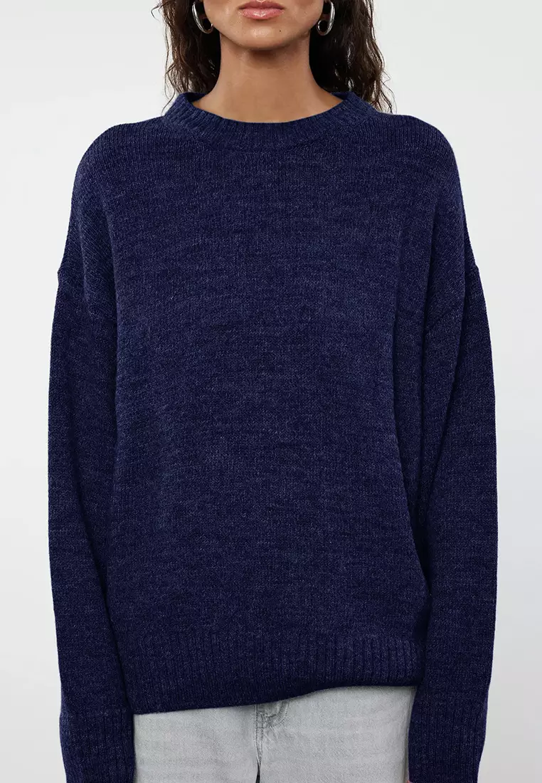 Navy Blue Wide Fit Soft Textured Knitwear Sweater