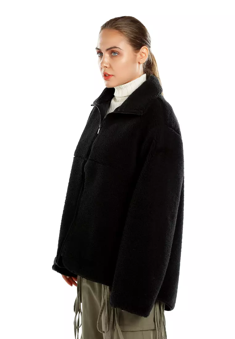 Unisex Fleece Collar Jacket In Black