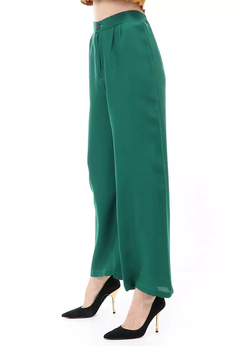 Jourel Celana Panjang Kasual Kulot Highwaist Wanita Style Kancing Resleting Material Rayon ORIGINAL - Green Bottle