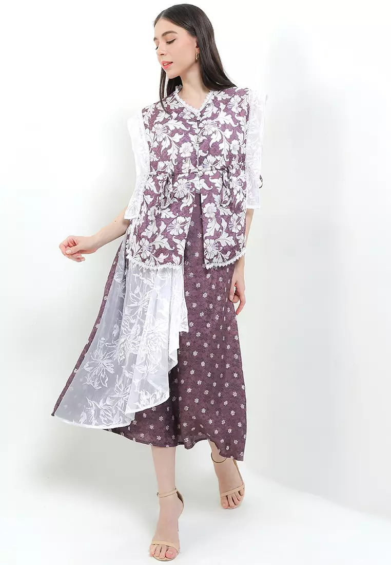 Setelan Batik Cap Atasan Outer Cardigan dan Rok Skirt Wanita Merona Spesial JFW Collection Ameera Mauve