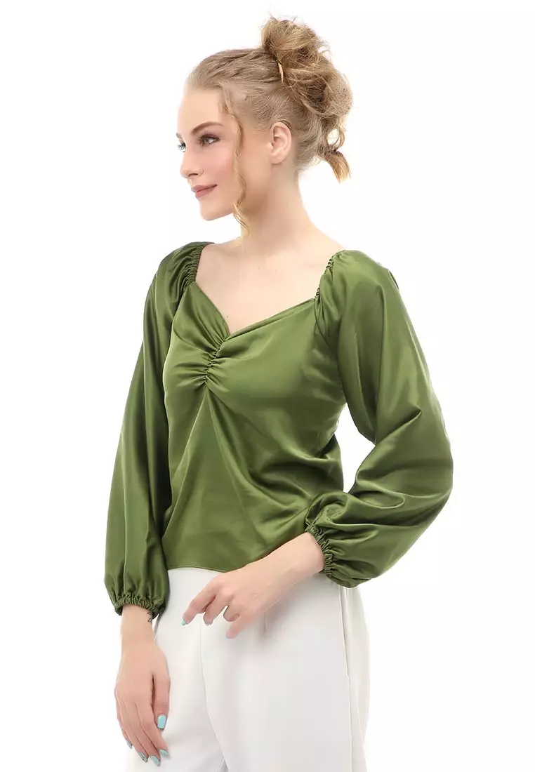 Cheva Blouse Casual Wanita Sabrina Kerut Dada Lengan Panjang Material Satin ORIGINAL - Army Green