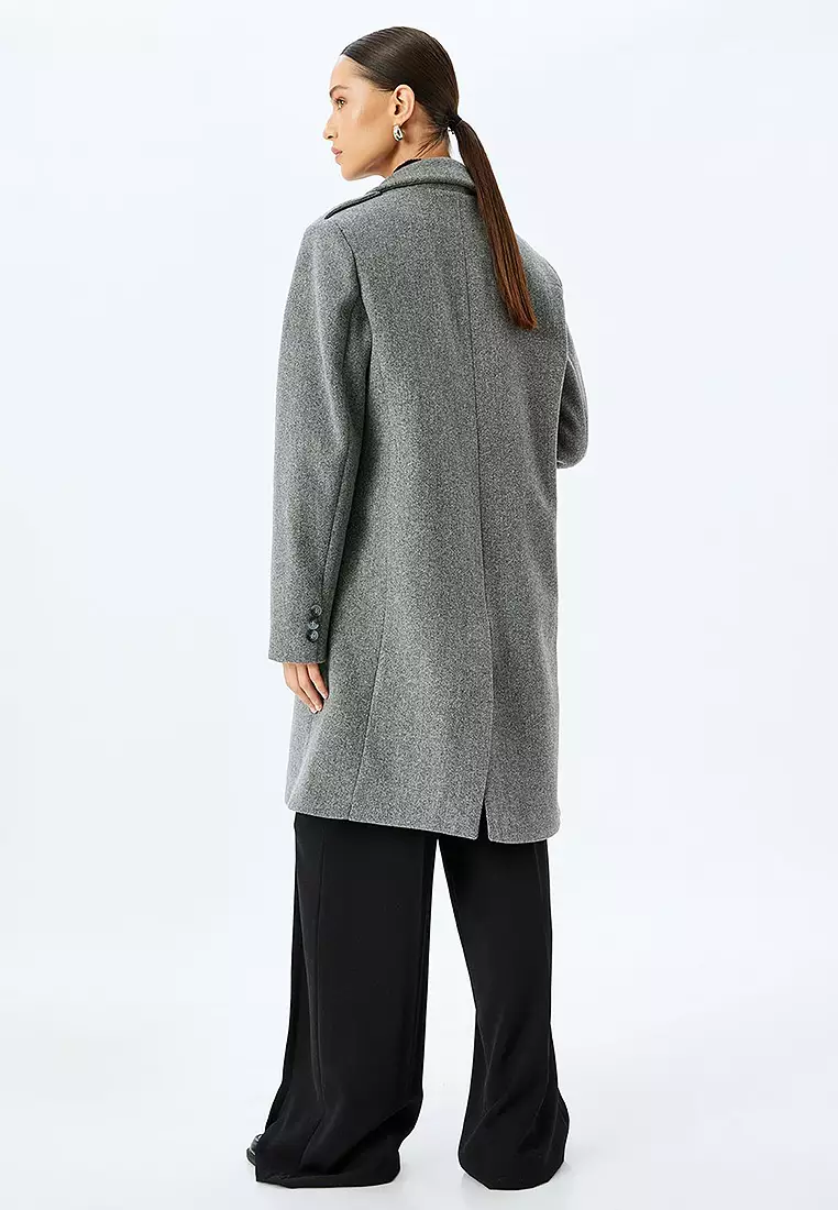 Long Cashmere Coat with Flap and Double Pocket Detail
