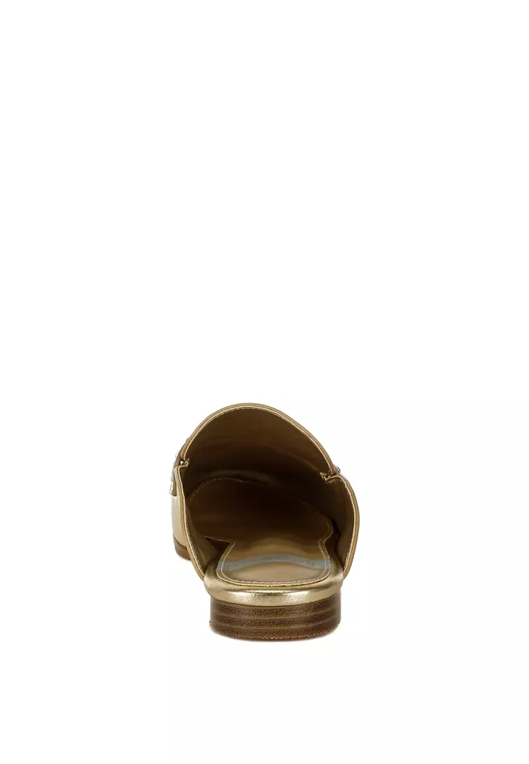 Stud Detail Metallic Pleather Mules in Gold