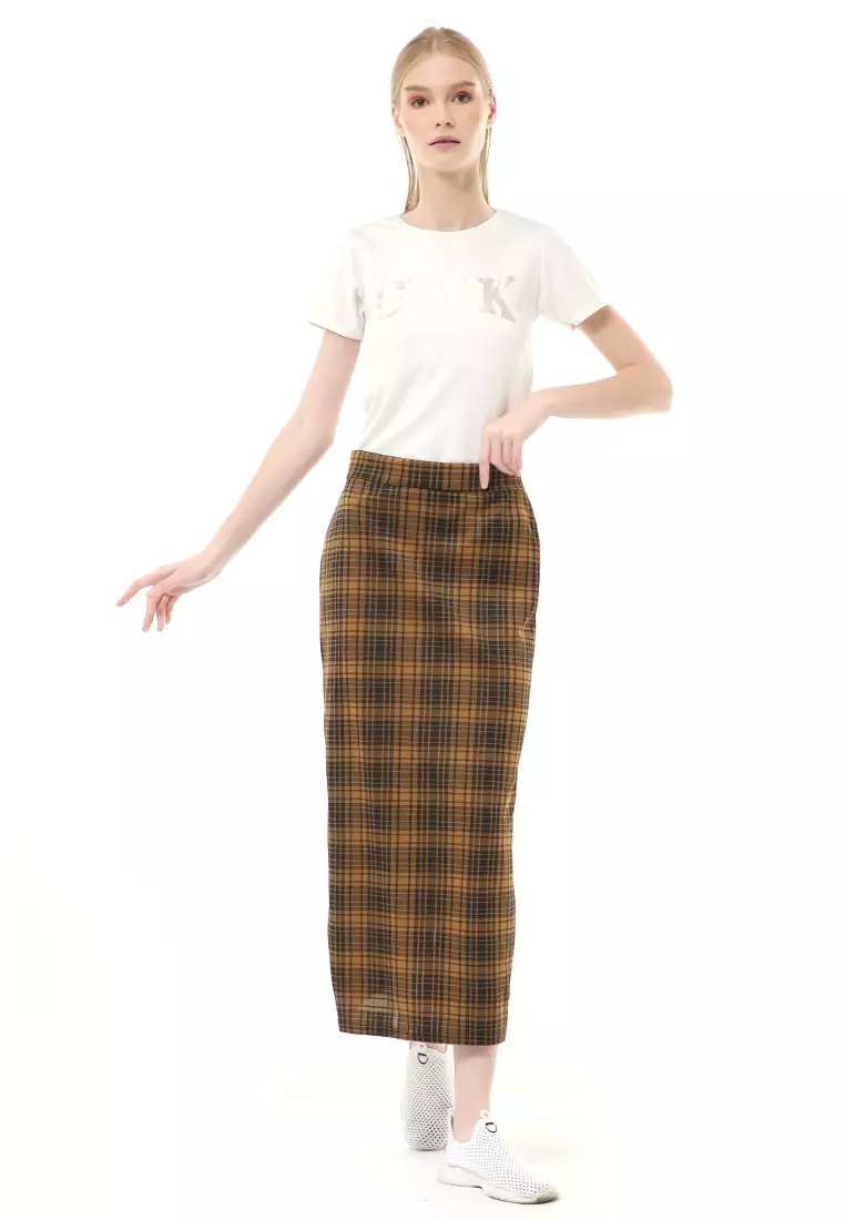 Malina Rok Span Tartan Bawahan Wanita All Size Motif Kotak High Quality - Caramel
