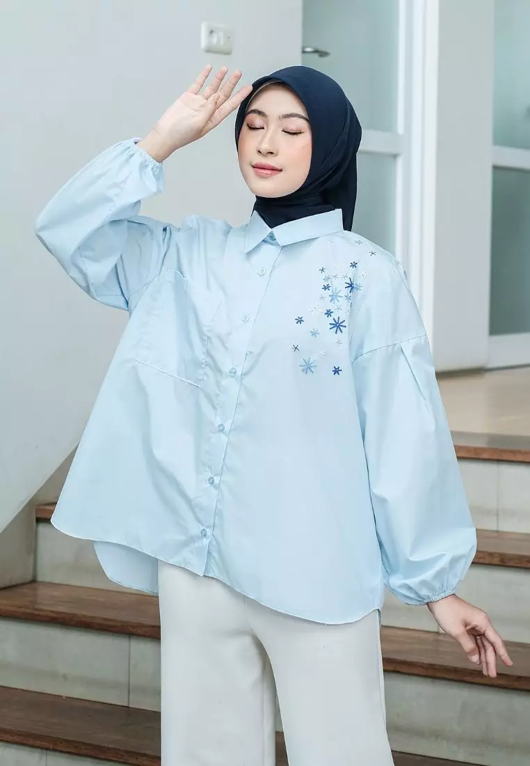 Donia Embrodery Top Powder Blue - Blouse Atasan Wanita