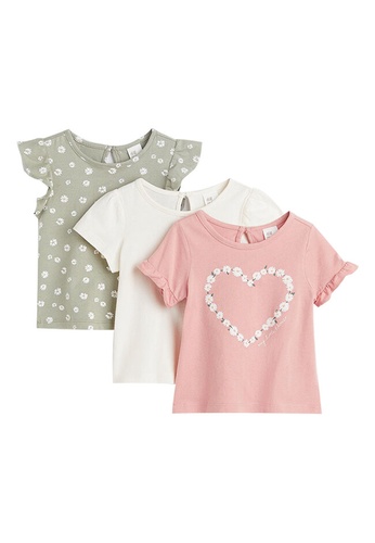 H&M white and pink and green and multi 3-Pack Cotton Tops DA27FKA22E3FF6GS_1