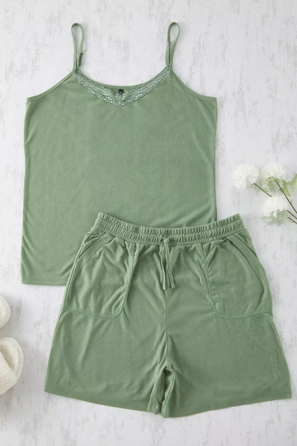Dark Mint Lace Detail Lace-Up Camisole Knitted Pajama Set Tbbss25Ai00037