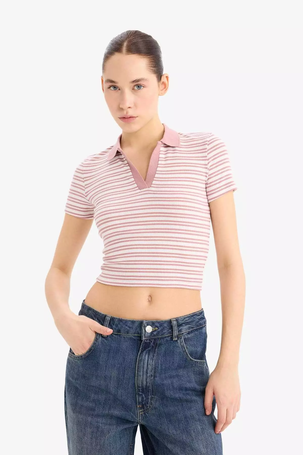 Fitted Polo Neck Striped Twill Camisole Short Sleeve T-Shirt E7907Ax25Sm