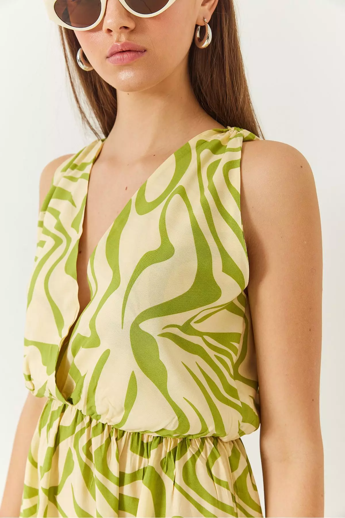 Women's Double Breasted Neckline Elastic Waist Back Rope Tie Print Dress 60261428