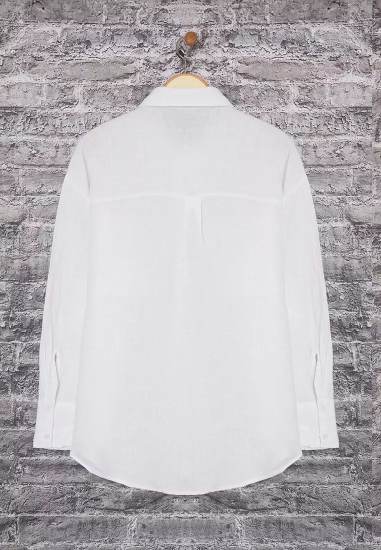 White 100% Linen Large Size Shirt Tbbss25Ax00021