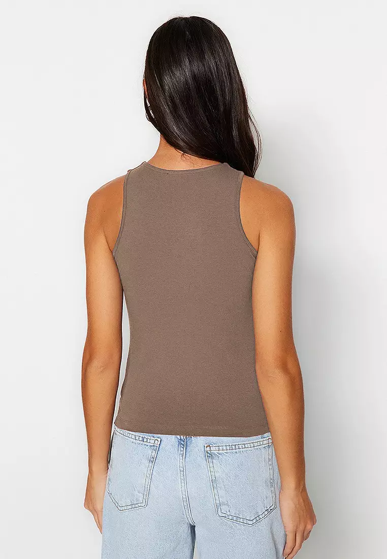 Mink Cotton Halter Neck Fitted Stretch Knitted Tank Top