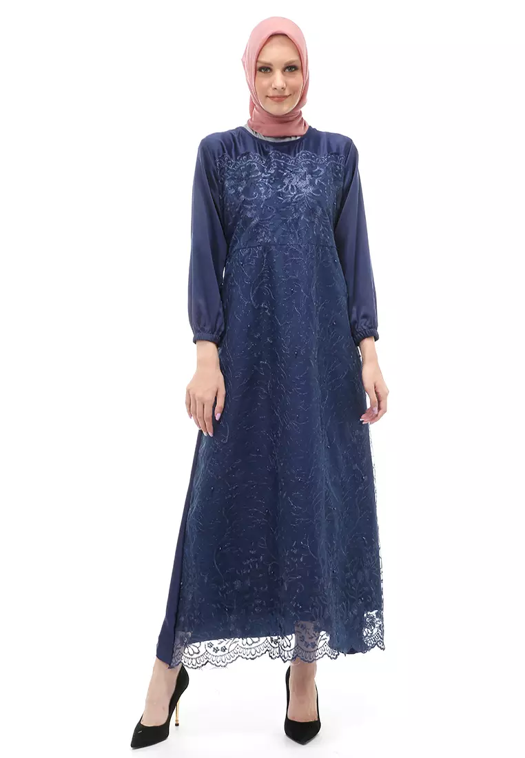 Monita Gamis Brokat Tile Wanita Muslimah Regular Fit - Navy