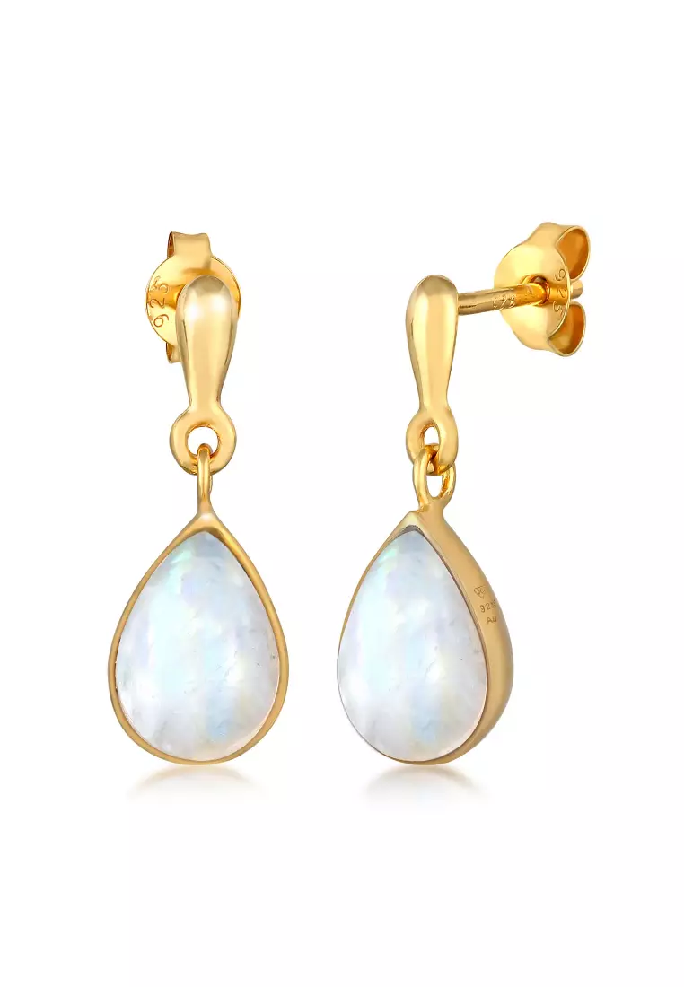 Anting Perhiasan Perak 925 Wanita Ear Hanger Drop Elegant Moonstone Gold Plated