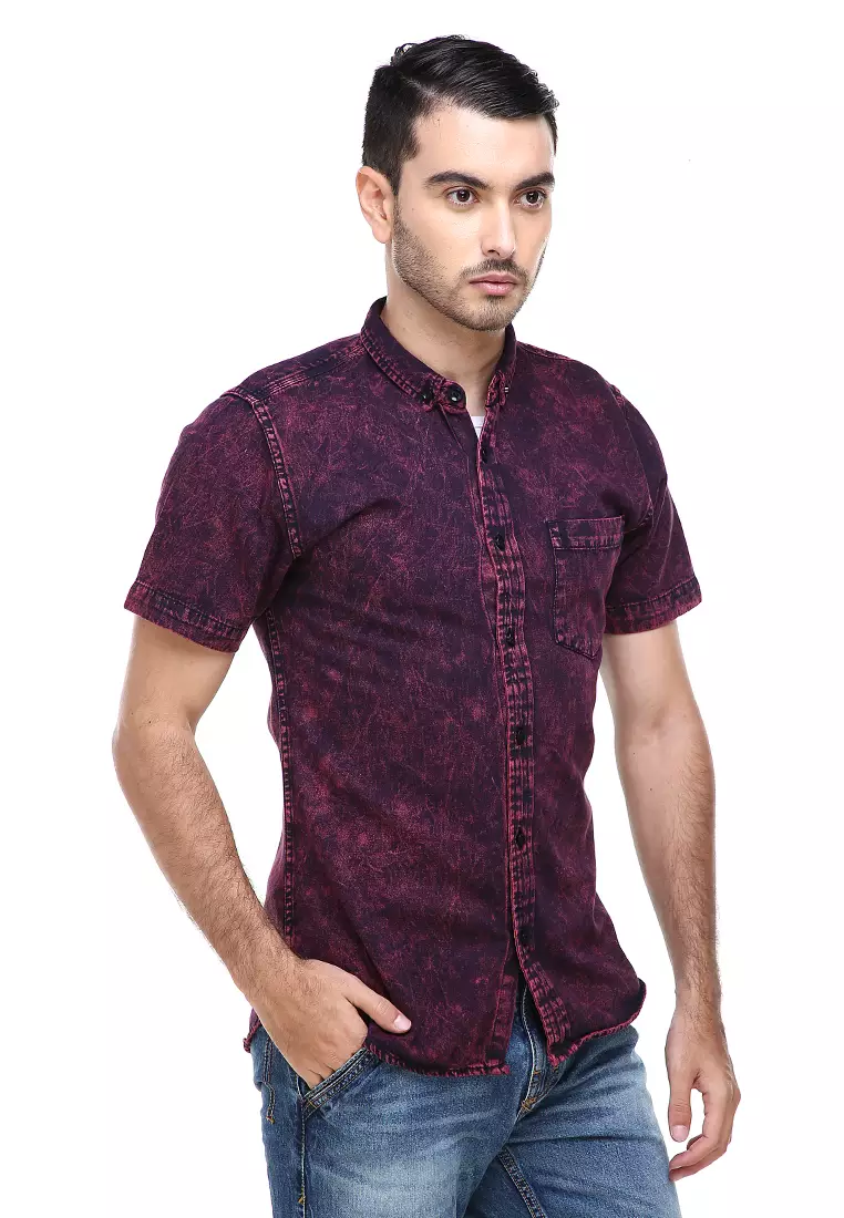 Dwan Shirts Kemeja Jeans Sandwash Kasual Model Slim Fit Material Denim ORIGINAL - Maroon