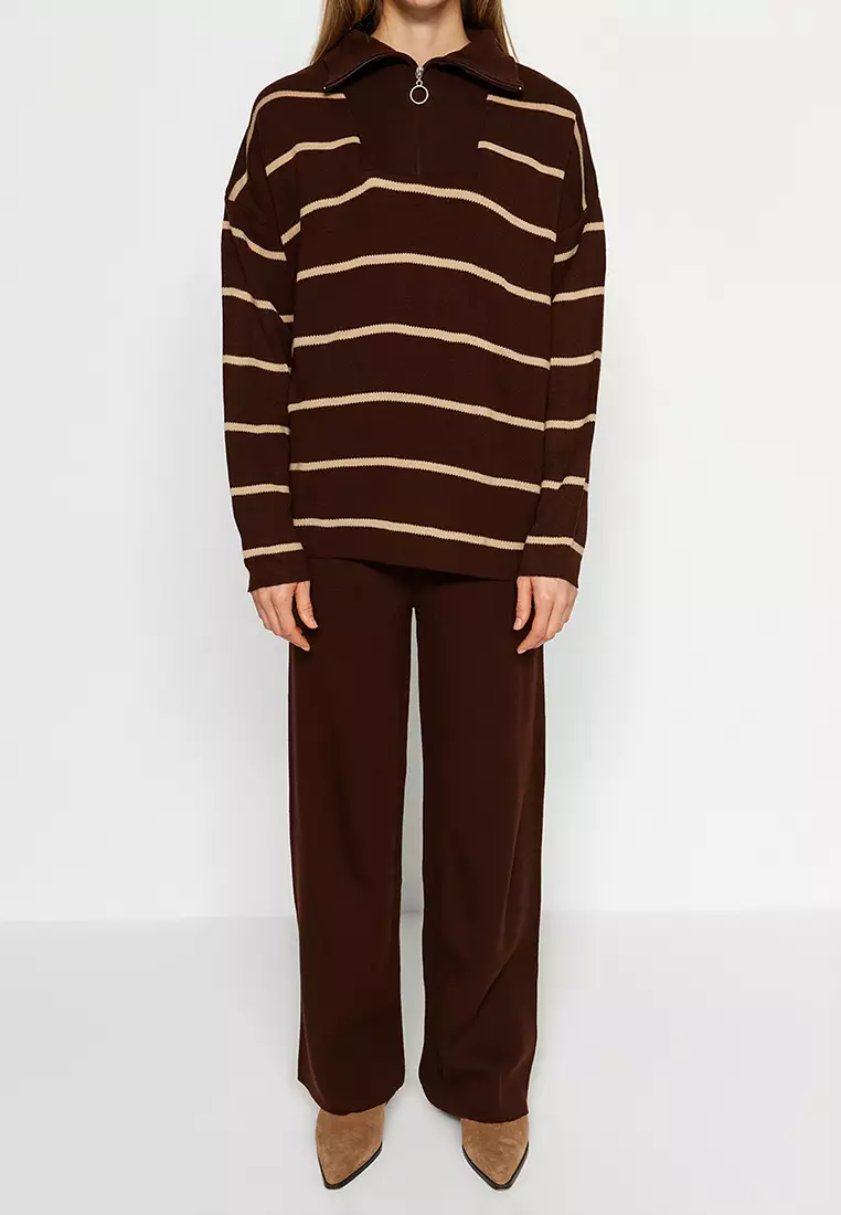 Half Zipper Knitted Top and Bottom Set