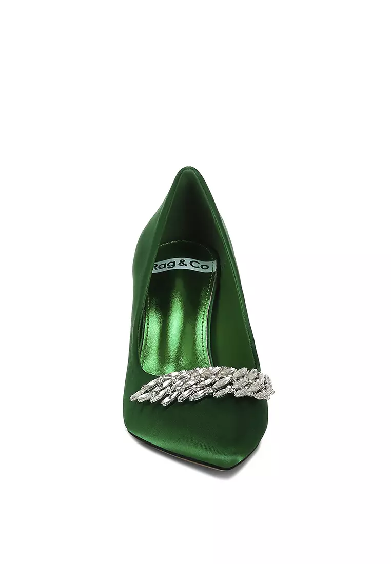 Diamante Brooch Detail Satin Pumps In Green