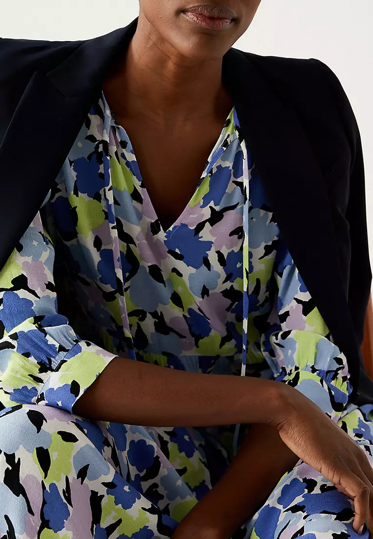 Printed Tie Neck Puff Sleeve Midi Dress
