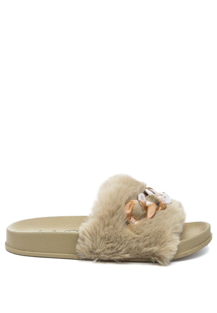 Acrylic Chain Strap Fur Slides in Beige