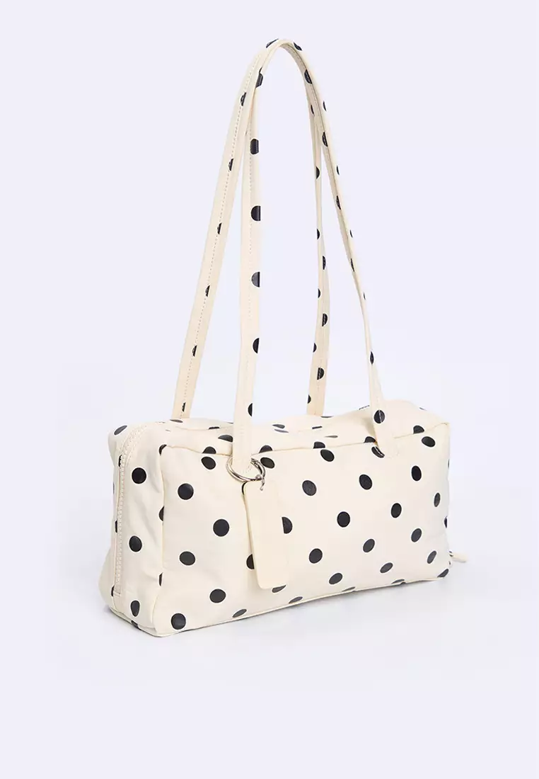 Nylon Polka Dots Bowler Shoulder Bag with Leather Charm