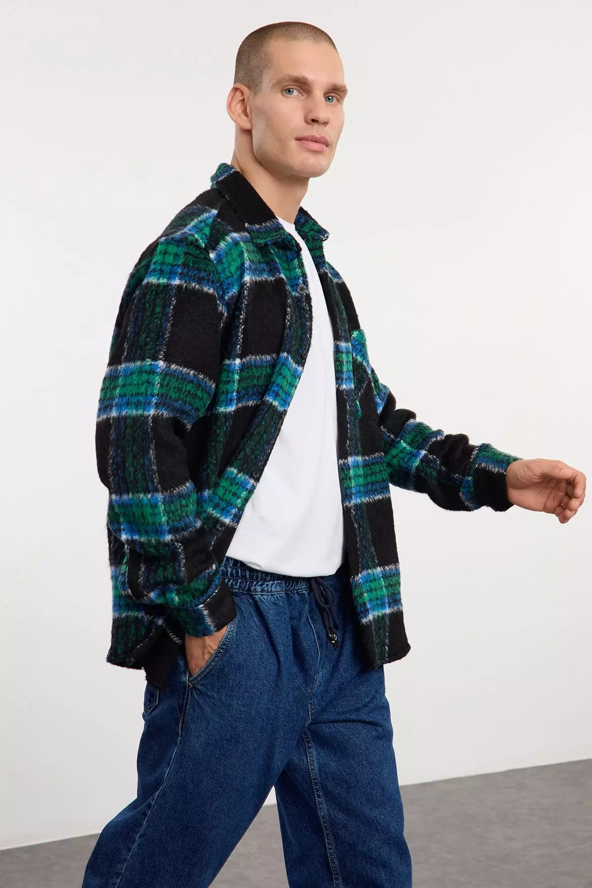 Black Unisex Oversize Fit Winter Plaid Lumberjack Shirt Jacket TMNAW25GO00024