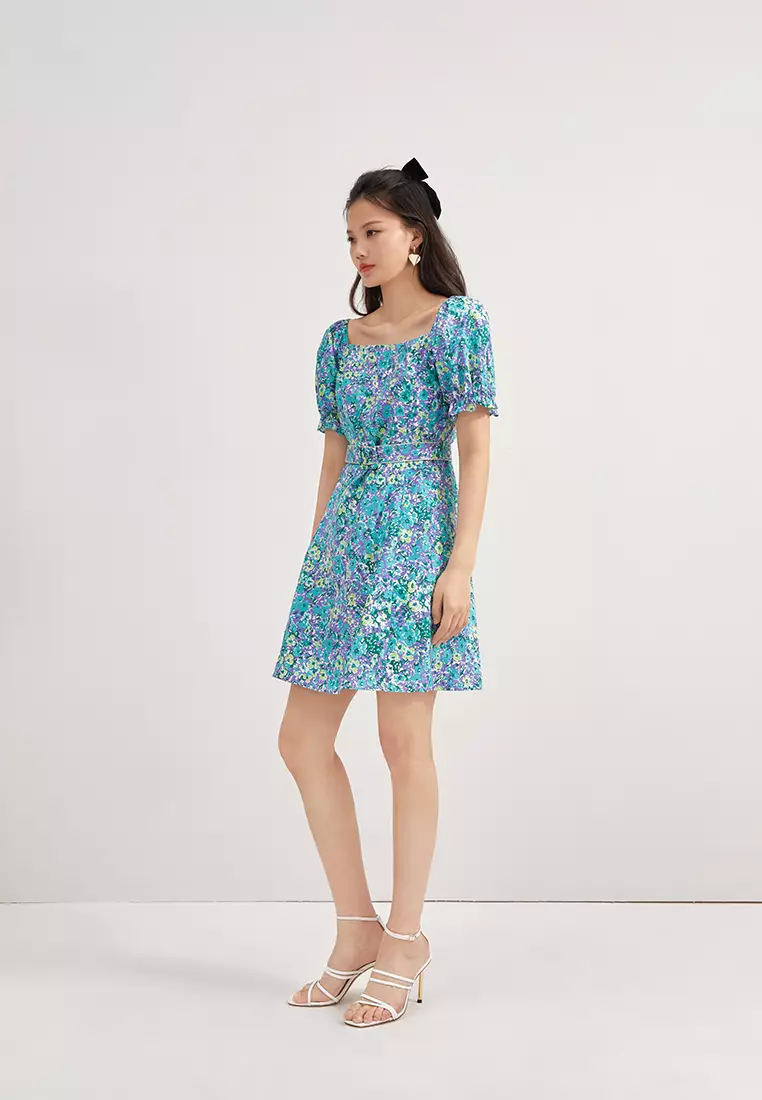 Square Neck Floral Mini Dress with Belt