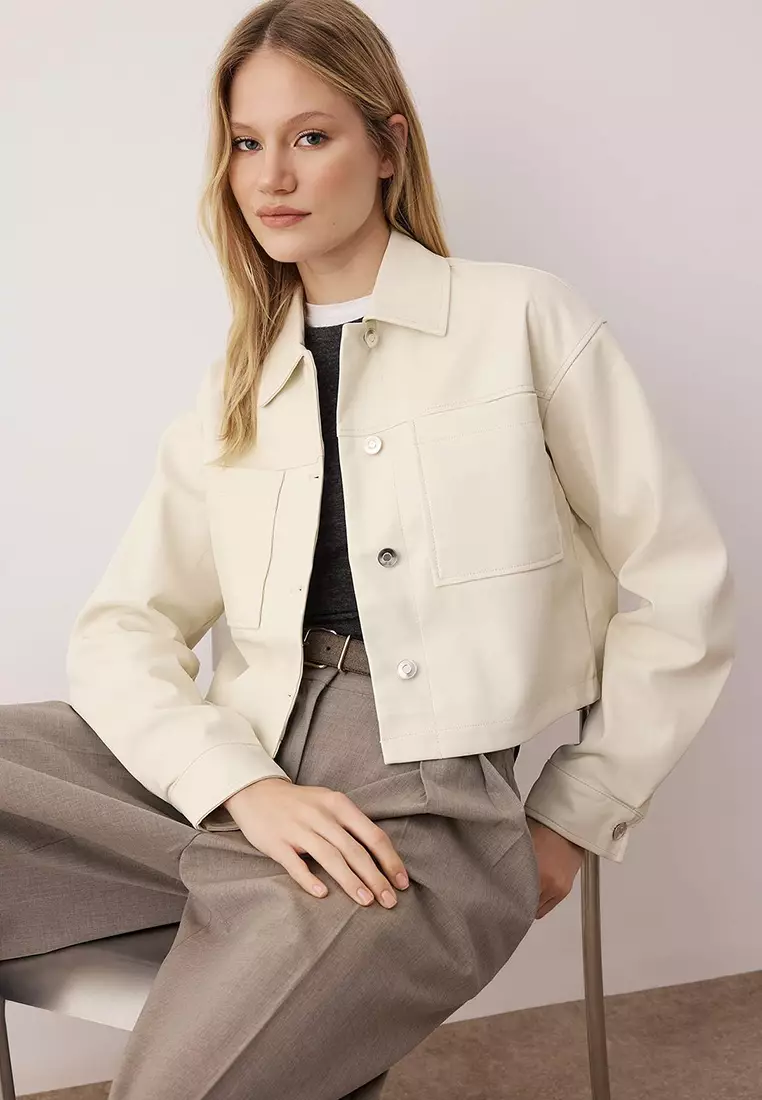 Ecru Regular Fit Faux Leather Slim Jacket Coat