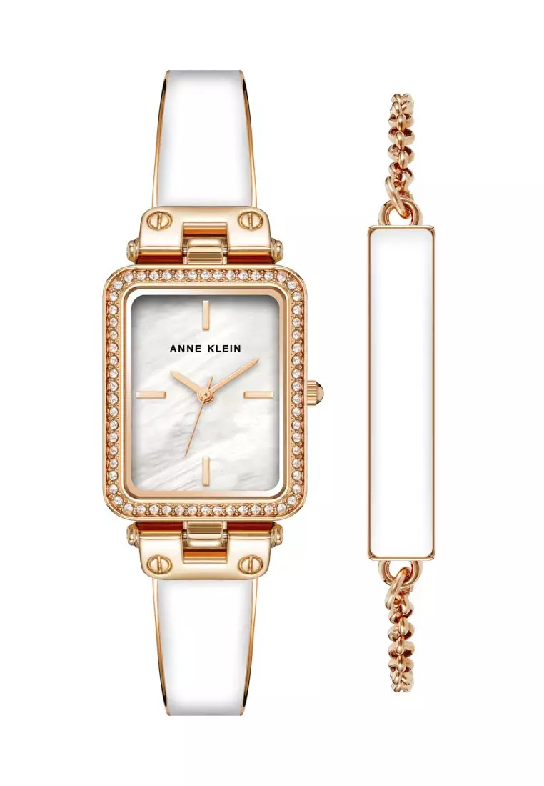 AK3898WTST0000 Rose Gold Rectangle Watch With White Mother Of Pearl Dial And With 1 Chain Bracelet With White Enamel Link in Stainless Steel Band